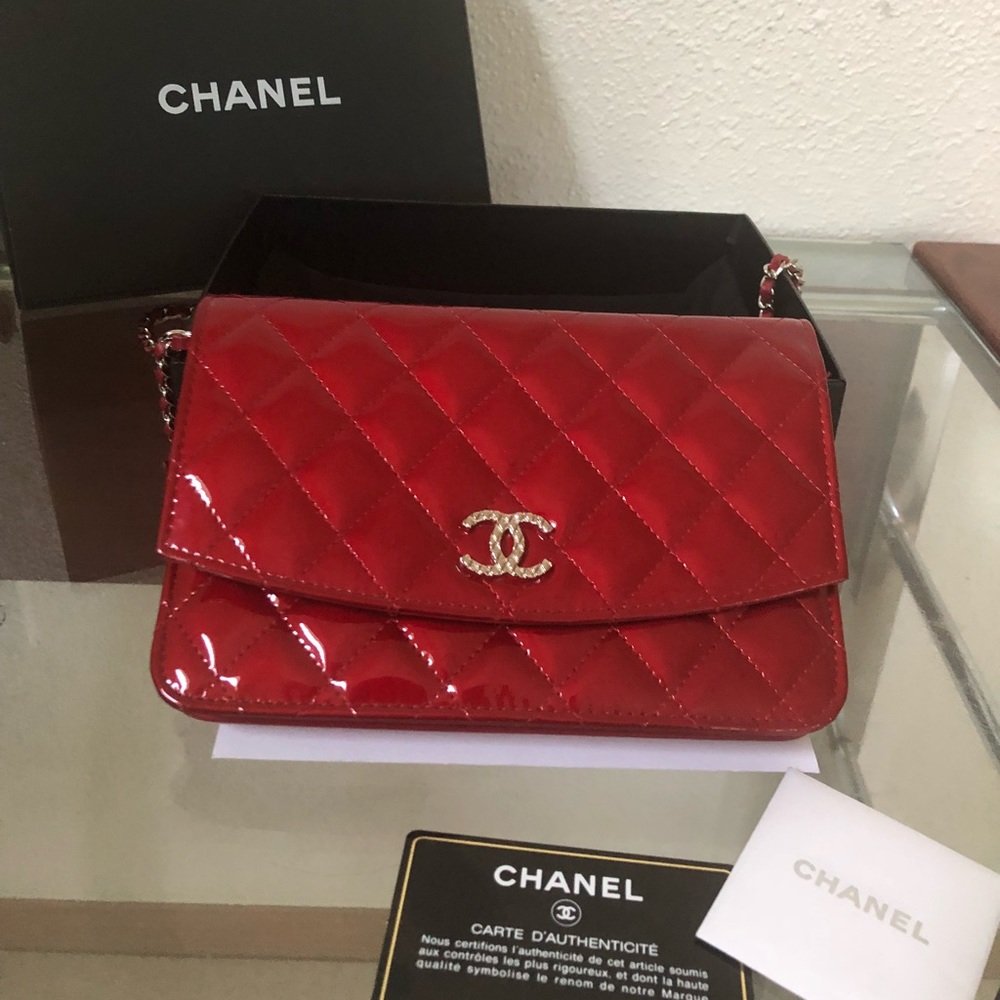 CHANEL Wallet on Chain WOC Ruby Red Patent Leather